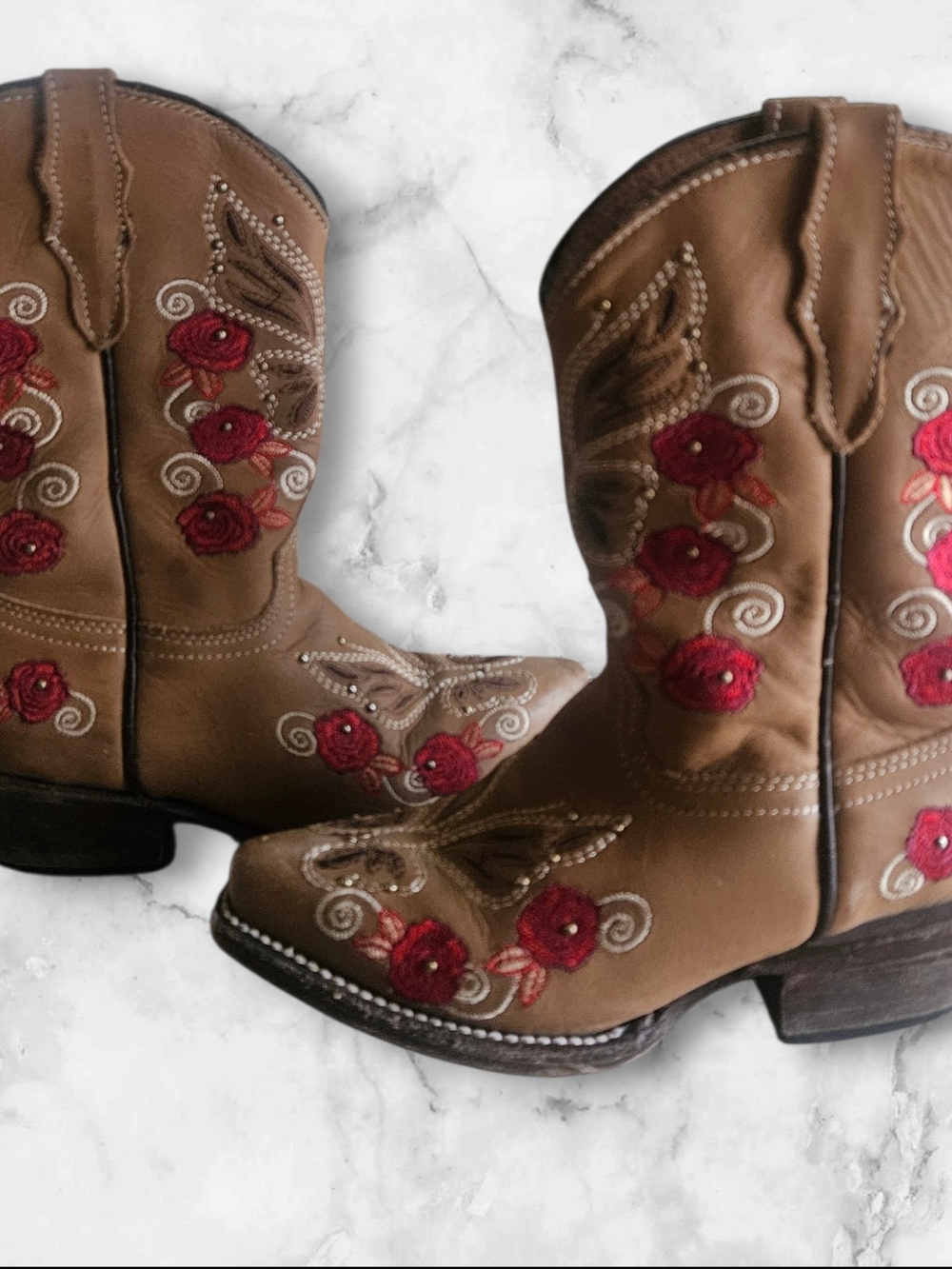 Girls Floral Embroidered Cowgirl Boots Leather Square Toe Brown Size 13